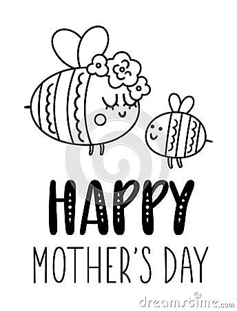 Vector black and white Mothers Day card with cute boho insect. Pre-made line design with bumblebee and mother. Bohemian outline Vector Illustration