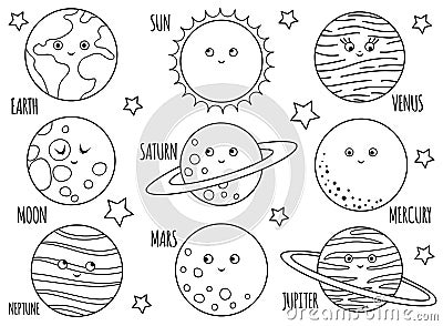 Vector black and white planets set for children. Outline illustration of smiling Earth, Sun, Moon, Venus, Mars, Jupiter, Mercury, Vector Illustration