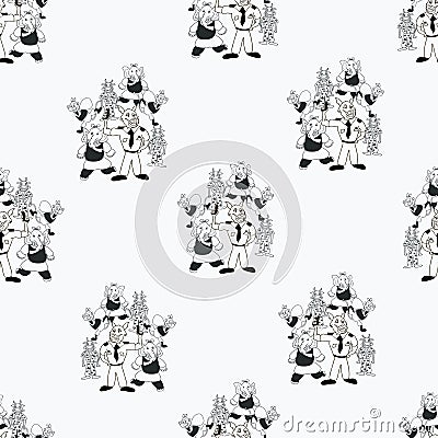 Vector black and white playful bunch of anthropomorphic characters seamless pattern background Vector Illustration