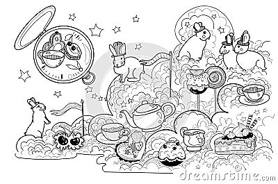 Vector black and white rabbits with mad tea party, clock, cakes and sweets on star cloud Vector Illustration