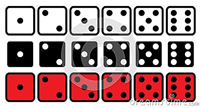 Vector black, white and red dice cubes icons set isolated on white background Vector Illustration