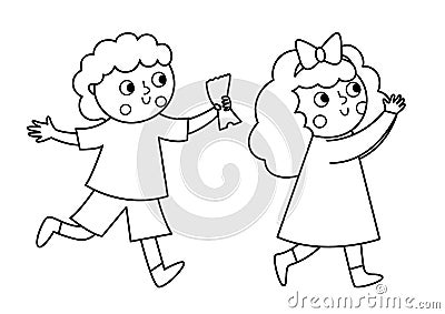 Vector black and white running little boy with ticket in hand and girl clapping hands. Outline kids looking forward to see show or Vector Illustration