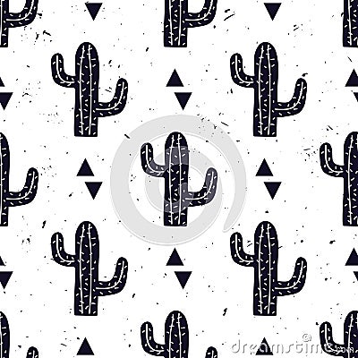 Vector black and white seamless pattern with cactuses and triangles Vector Illustration