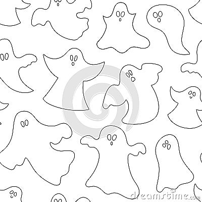 Vector black and white seamless pattern with vector ghosts. Outline Halloween party repeat background with funny spooks. Scary Vector Illustration
