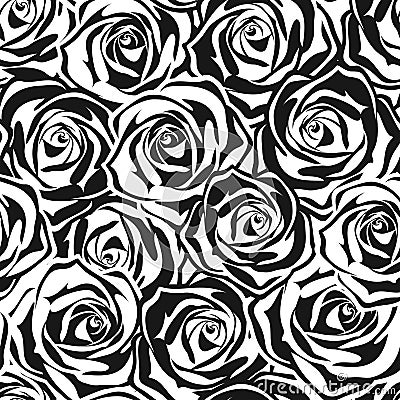 Black and white seamless pattern with rose silhouettes. Vector illustration. Vector Illustration