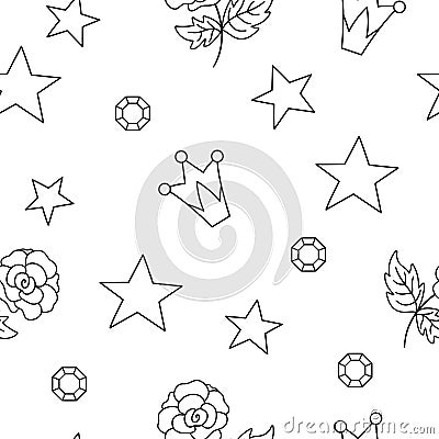 Vector black and white seamless pattern with rose, stars, crowns, gems. Simple outline fairy tale princess repeat background. Vector Illustration