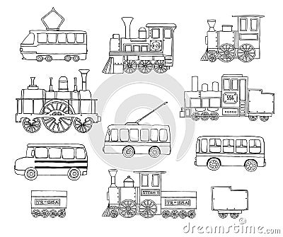 Vector black and white set of retro engines and public transport Vector Illustration