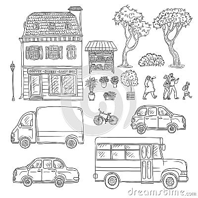 Vector black and white set of sketch illustration vintage European home, trucks and cars, coming people. Kit of outdoor Vector Illustration