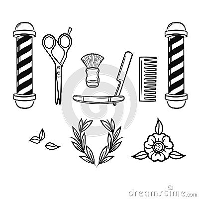 Vector black and white set of tools for barber shop. Vector Illustration