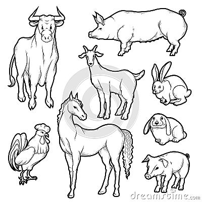 Vector black and white sketch set of isolated farm animals. Collection of silhouettes agricultural pets. Horse rooster pig rabbit Vector Illustration