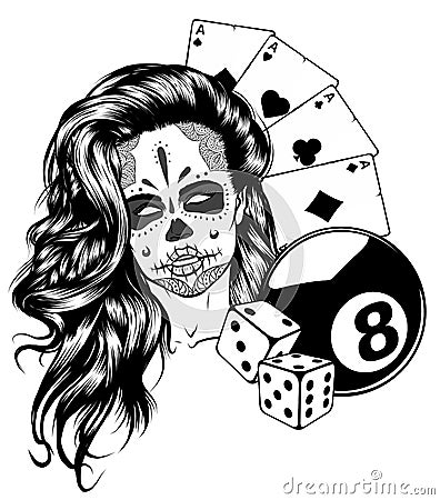 Vector Black and White Skull Candy Girl Illustration Vector Illustration