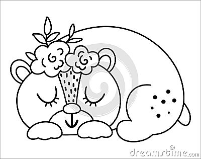 Vector black and white sleeping bear with flowers on the head. Cute bohemian style woodland animal line icon isolated on white Vector Illustration