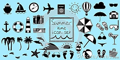 Vector black and white summer travel or vacation beach big icon set Vector Illustration