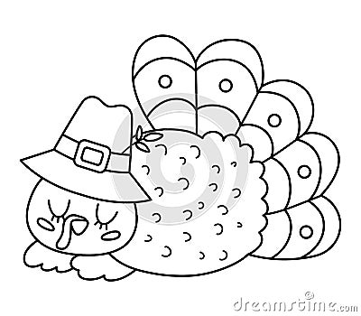 Vector black and white Thanksgiving turkey in pilgrim hat. Autumn bird line icon. Outline fall holiday sleeping animal with closed Vector Illustration