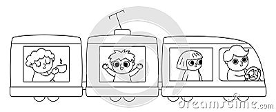 Vector black and white train with driver and passengers. Funny electric transportation with wagons for kids. Cute vehicle clip art Vector Illustration