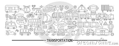 Vector black and white transportation horizontal set with different kinds of transport. Line road trip card template or frame Vector Illustration