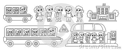 Vector black and white transportation set with children. Funny line school bus clipart collection with driver, schoolchildren, bus Vector Illustration