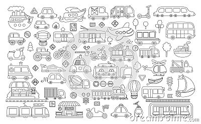 Vector black and white transportation set. Funny line water, land, air underground transport collection for kids. Cars and Vector Illustration