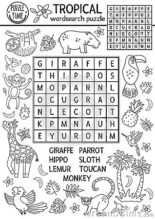 Vector black and white tropical wordsearch puzzle for kids. Simple summer crossword with exotic animals and birds for children. Vector Illustration