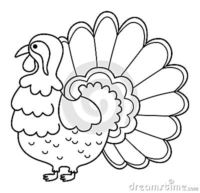 Vector black and white turkey icon. Cute cartoon gobbler illustration for kids. Farm bird isolated on white background. Line Vector Illustration
