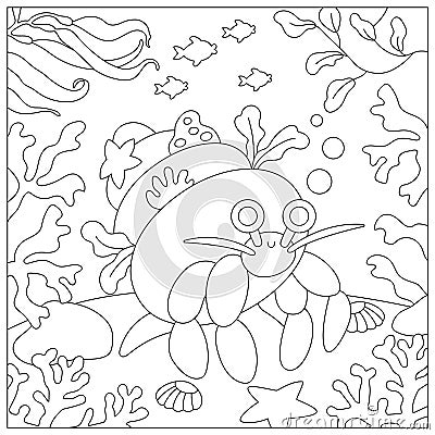 Vector black and white under the sea landscape illustration with hermit crab. Ocean life line scene with sand, seaweeds, corals, Vector Illustration