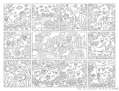 Vector black and white under the sea square landscapes set. Ocean life line scenes collection with seaweeds, corals. Cute water Vector Illustration