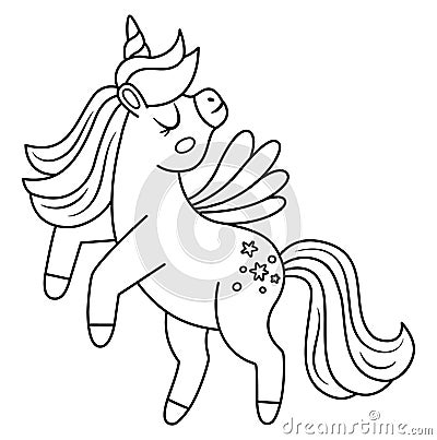 Vector black and white unicorn with horn and mane. Fantasy line animal with wings standing on back feet. Fairytale horse character Vector Illustration