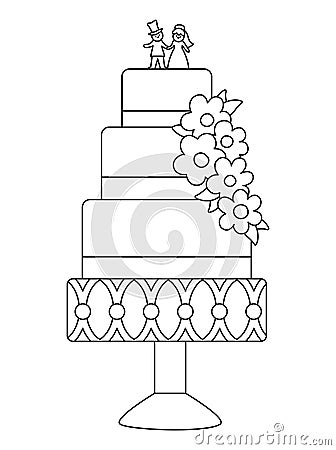 Vector black and white wedding cake with flowers, ribbon, little bride and groom statuettes. Cute line marriage clipart element. Vector Illustration