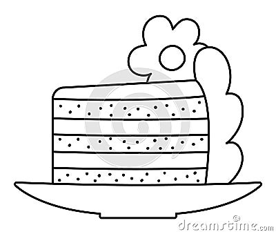 Vector black and white wedding cake piece on a plate with flower, cream. Cute marriage line clipart element. Just married couple Vector Illustration