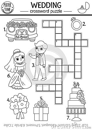 Vector black and white wedding crossword puzzle for kids. Simple line marriage ceremony quiz or coloring page. Matrimony activity Vector Illustration