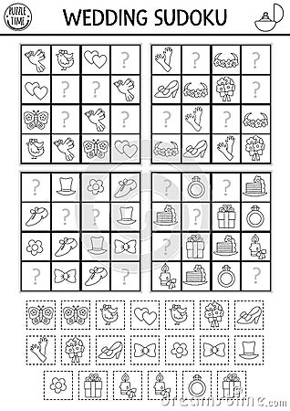 Vector black and white wedding sudoku puzzle for kids. Simple marriage ceremony quiz with cut and glue elements. Education Vector Illustration