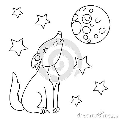 Vector black and white wolf howling at the moon. Funny outline night scene with woodland animal. Cute forest line illustration or Vector Illustration