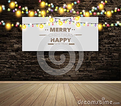Vector blank billboard or poster on wall room with christmas lights Vector Illustration