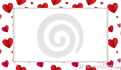 Vector blank frame template with a paper art style hearts, white background with a red heart shapes, shadow. Vector Illustration