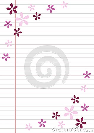 Vector blank for letter or greeting card. Paper of notebook, white form with lines, and colorful flowers. A4 format size Vector Illustration