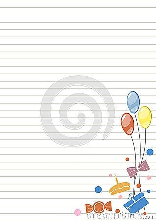 Vector blank for letter or greeting card. White paper form with colorful balloons, gifts, sweets, lines and border. Vector Illustration