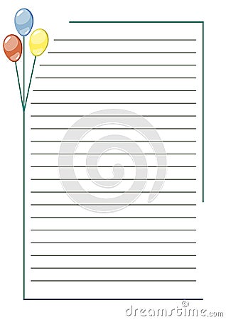 Vector blank for letter or greeting card. White paper form with colorful balloons, lines and border. A4 format size Vector Illustration