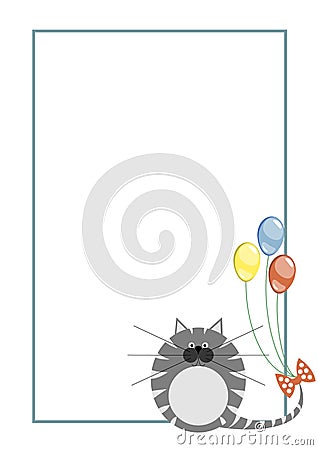 Vector blank for letter or greeting card. White paper form with grey pretty cat, colorful balloons, and border Vector Illustration