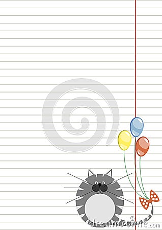 Vector blank for letter or greeting card. White paper form with grey pretty cat and colorful balloons, lines and border. A4 format Vector Illustration