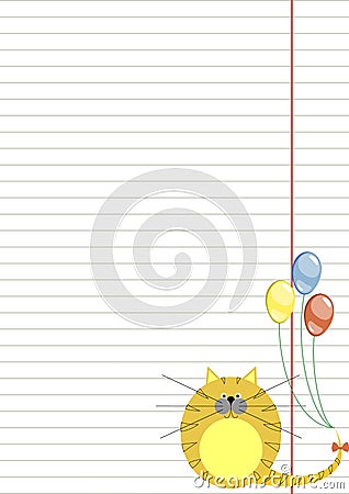 Vector blank for letter or greeting card. White paper form with red pretty cat, colorful balloons, and border. A4 format size Stock Photo