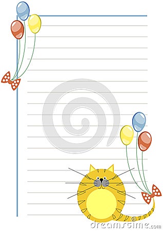 Vector blank for letter or greeting card. White paper form with red pretty cat and colorful balloons, lines and border. Vector Illustration