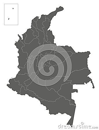Vector blank map of Colombia with departments, capital region and administrative divisions. Vector Illustration