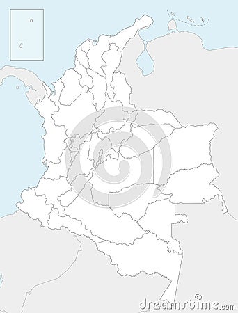 Vector blank map of Colombia with departments, capital region and administrative divisions, and neighbouring countries. Vector Illustration