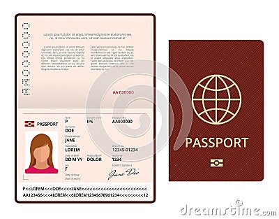 Vector Blank open passport template. International passport with sample personal data page. Document for travel and Vector Illustration