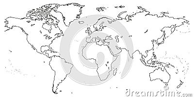 Vector Blank outline, linear, line circuit, contour black similar World map isolated white background. Monochrome Vector Illustration