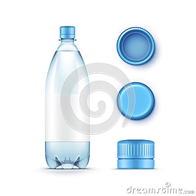 Vector Blank Plastic Blue Water Bottle with Set of Caps Isolated on White Background Vector Illustration