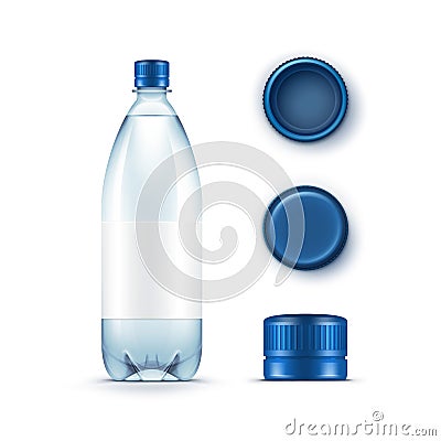 Vector Blank Plastic Blue Water Bottle with Set of Caps on White Background Vector Illustration