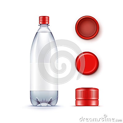 Vector Blank Plastic Blue Water Bottle with Set of Red Caps Isolated Vector Illustration