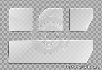Vector blank transparent plastic square adhesive sticker mock up with curved corner. Empty quadratic sticky label banner mockup Vector Illustration