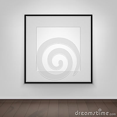 Vector Blank White Mock Up Poster Picture Black Frame on Wall with Brown Wooden Floor Front View Vector Illustration